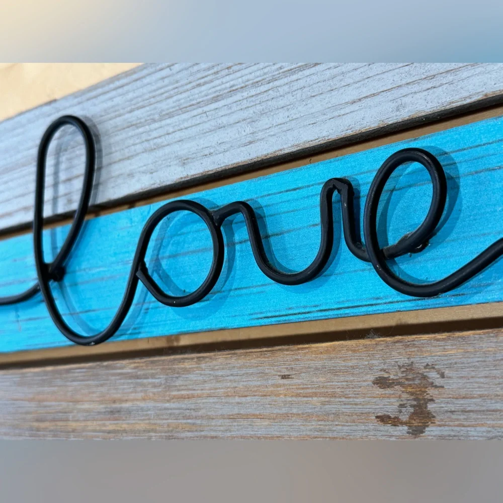 LOVE Sign in Distressed Wood Style with a Dark Aqua Detail. Blue Paint- 28x6.5”